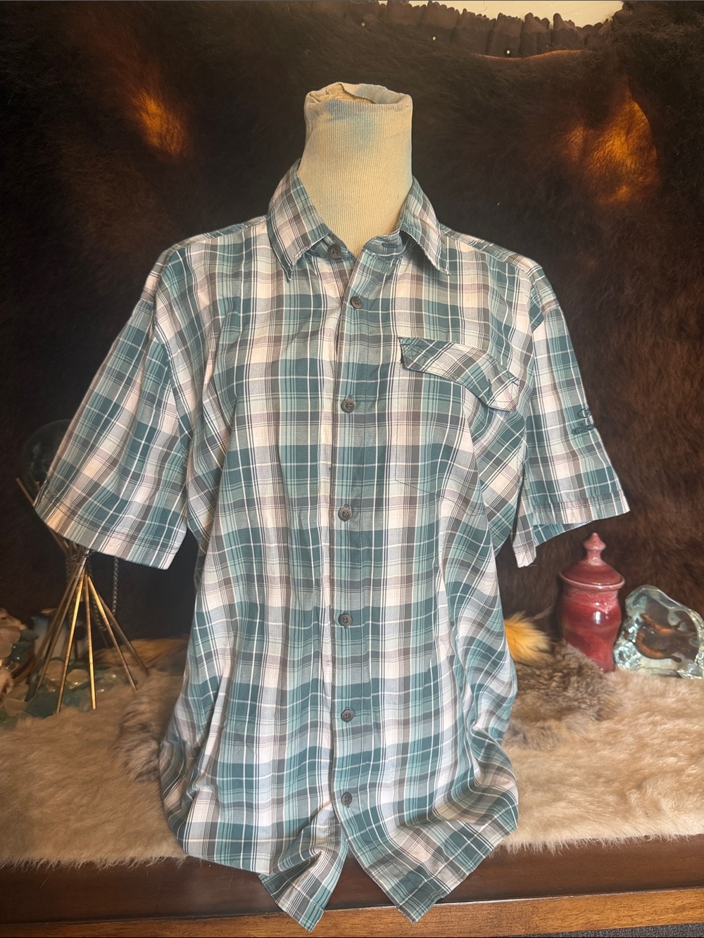 Men's Short Sleeve Plaid Button-Up Shirt - Green/White/gray/teal L (4600)